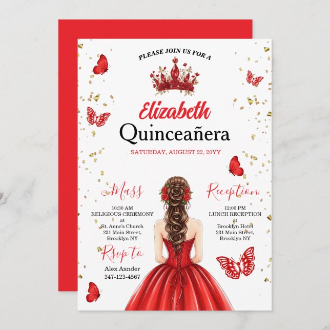 Red Royal Butterfly Quinceañera Invitation Inbjudningar (Fram/baksida)