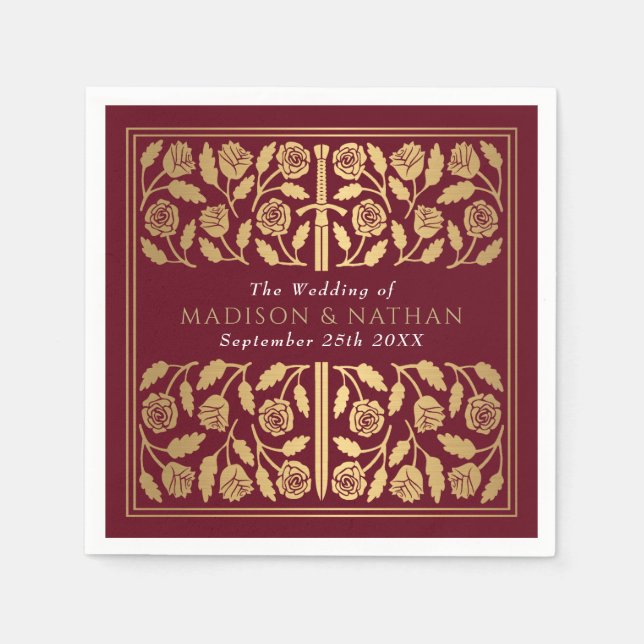 Red Royal Medieval Gold Sword Wedding Pappersservett (Framsidan)