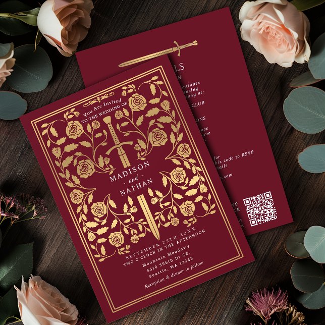 Red Royal Medieval Gold Sword Wedding QR Code Inbjudningar (Skapare uppladdad)