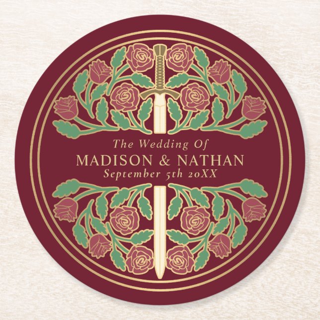 Red Royal Medieval Gold Sword Wedding Underlägg Papper Rund (Framsidan)