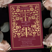 Red Royal Medieval Guld Sword Wedding bjudande
