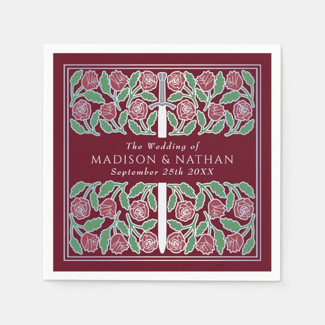 Red Royal Medieval Silver Floral Sword Wedding Pappersservett (Framsidan)