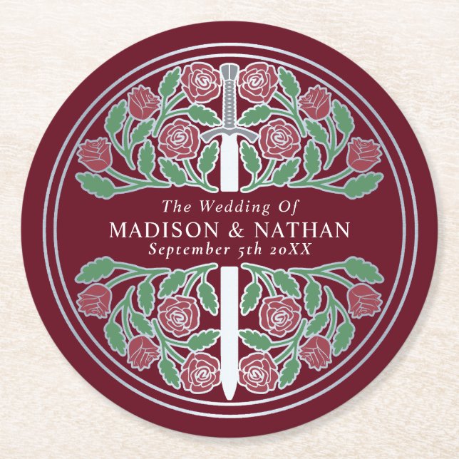 Red Royal Medieval Silver Sword Wedding Underlägg Papper Rund (Framsidan)