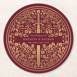 Red Royal Medieval Sword Bröllop Underlägg Papper Rund