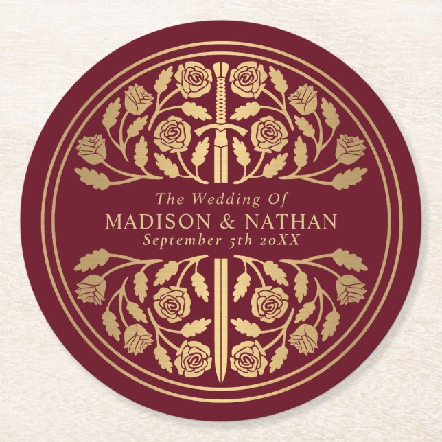 Red Royal Medieval Sword Wedding Underlägg Papper Rund (Framsidan)