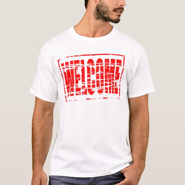 Red rubber stamp effect Welcome T Shirt (Framsida)