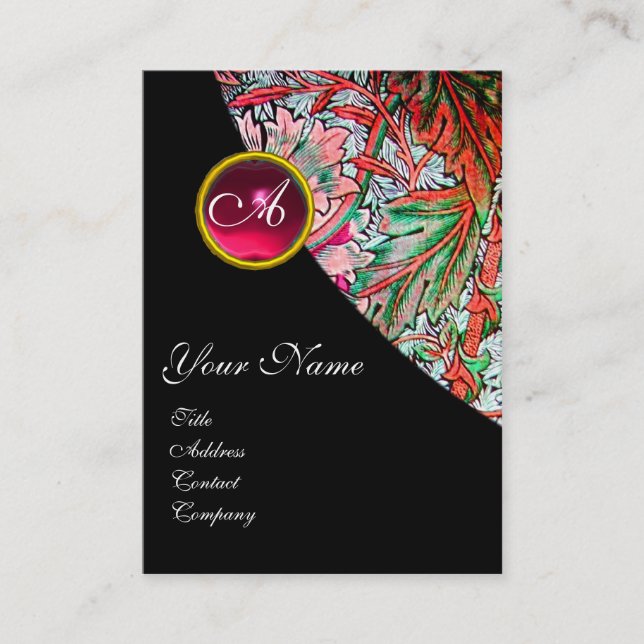 RED RUBY DAMASK MONOGRAM 3 fuchsia grönt rosa blue Visitkort (Framsida)