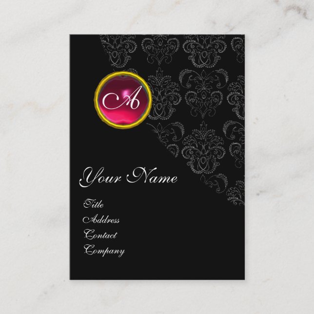 RED RUBY DAMASK MONOGRAM fuchsia rosa Visitkort (Framsida)