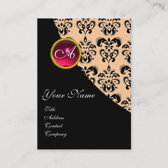 RED RUBY DAMASK MONOGRAM fuchsia rosa Visitkort (Framsida)