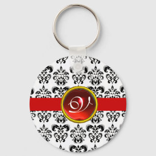RED RUBY DAMASK MONOGRAM NYCKELRING