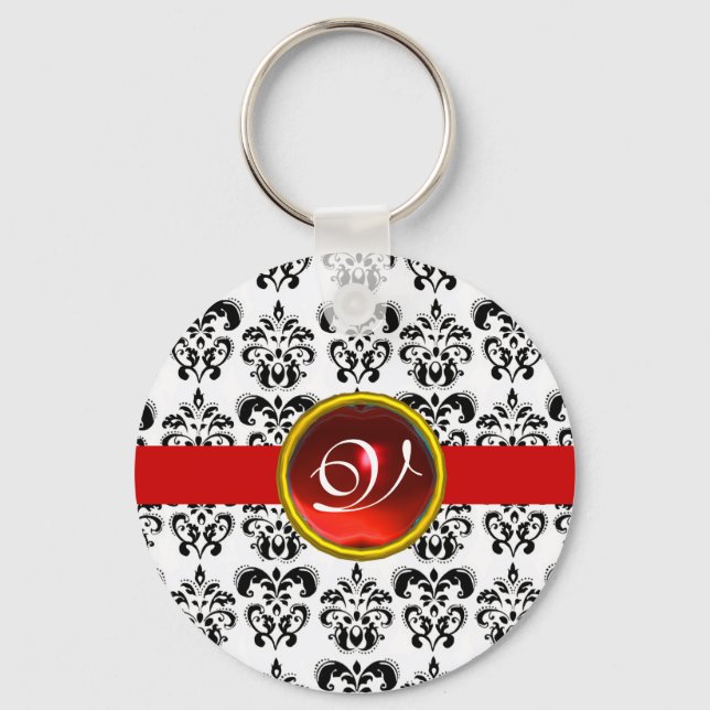 RED RUBY DAMASK MONOGRAM NYCKELRING (Framsida)