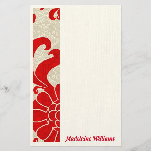 Red Ruby Damask-Vintage Themmet med Namn Brevpapper (Framsida)