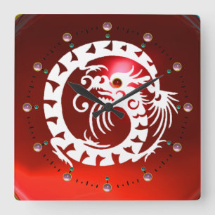 RED RUBY OCH WHITE SNAKE DRAGON ,ROSA GEMSTONES FYRKANTIG KLOCKA