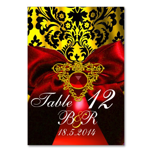 RED RUBY RIBBON GULD CELTIC HEART DAMASK MONOGRAM BORDSNUMMER (Framsidan)