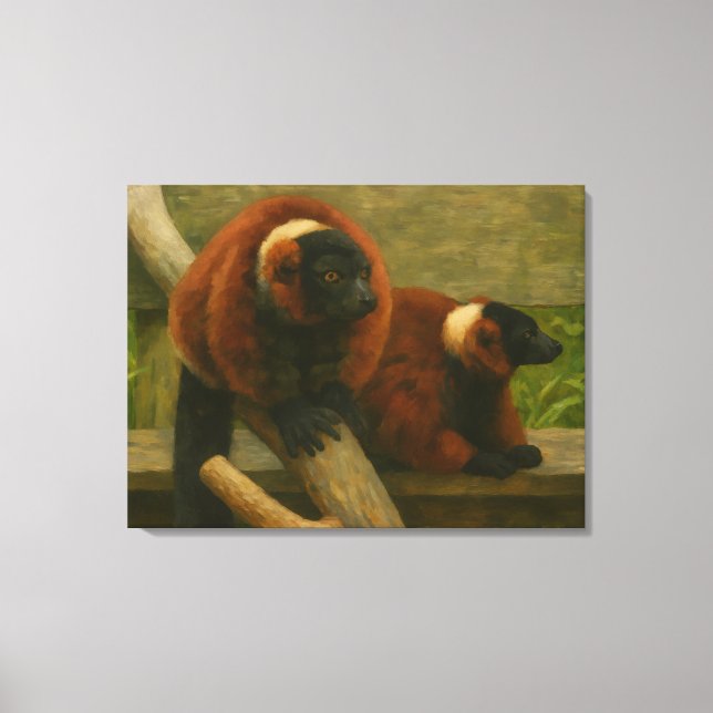 Red Ruffed Lemurs i Woodland Light Canvastryck (Framsida)