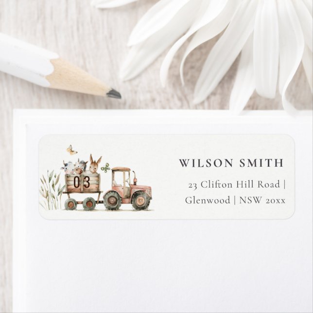 Red Rust Boskap Tractor Kids Adress Returadress Etikett (Insitu)