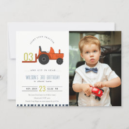 Red Rust Farm Tractor Kids Photo Birthday Inbjudan