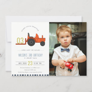 Red Rust Farm Tractor Kids Photo Birthday Inbjudan