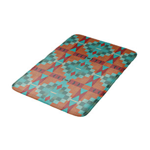 Red Rust Orange Turcos Teal Blue Tribal Art Badrumsmatta