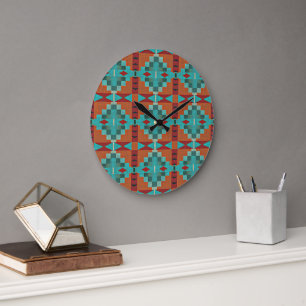 Red Rust Orange Turcos Teal Blue Tribal Art Stor Klocka