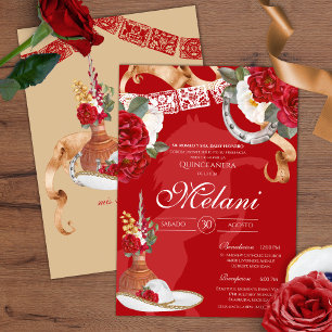 Red Rustic Blommigt Charro Quinceanera Birthday Inbjudningar