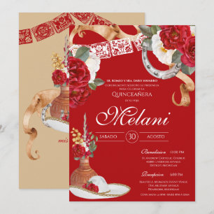 Red Rustic Blommigt Charro Quinceanera Birthday Inbjudningar