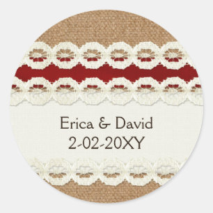 Red Rustic burlap och snöre landsbyggsbröllop Runt Klistermärke