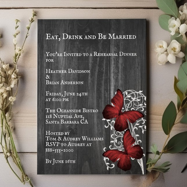 Red Rustic Butterfly Bröllop Rehearsal Dinner Inbjudningar (Red Rustic Butterfly Wedding Rehearsal Dinner Invitation)