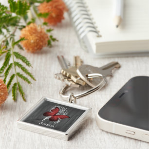 Red Rustic Butterfly Personlig Keychain Fyrkantig Silverfärgad Nyckelring