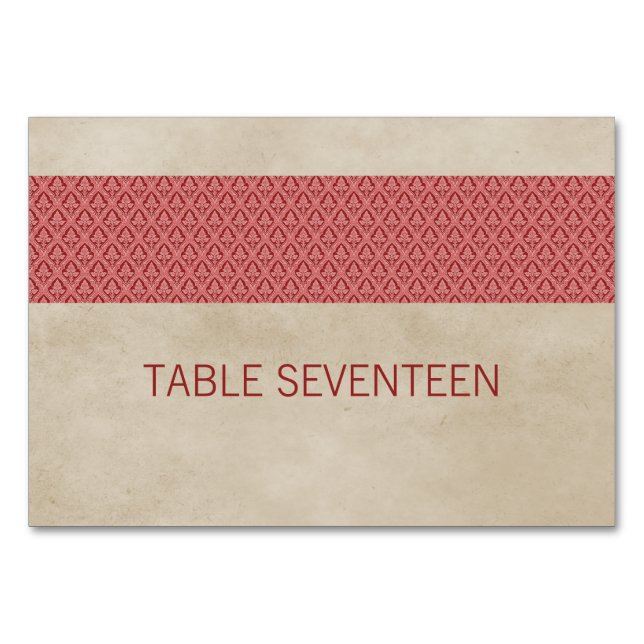 Red Rustic Damask Bord Card Bordsnummer (Framsidan)