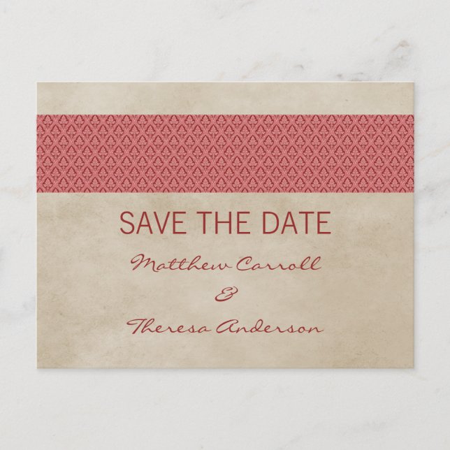 Red Rustic Damask Save the Date Postcard Meddelande Vykort (Framsida)