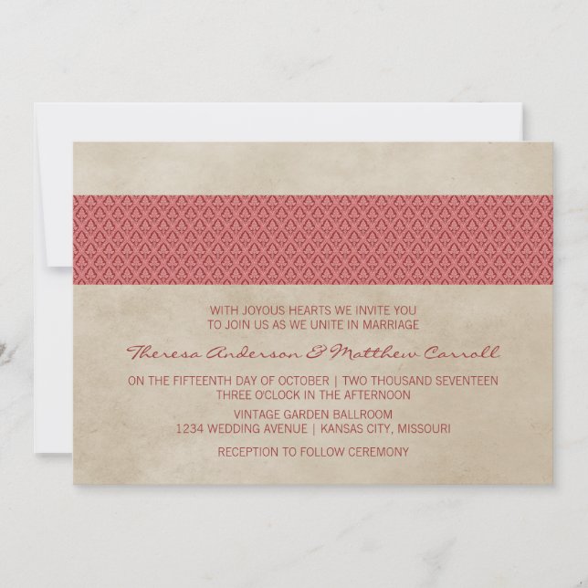 Red Rustic Damask Wedding Inbjudan (Framsida)