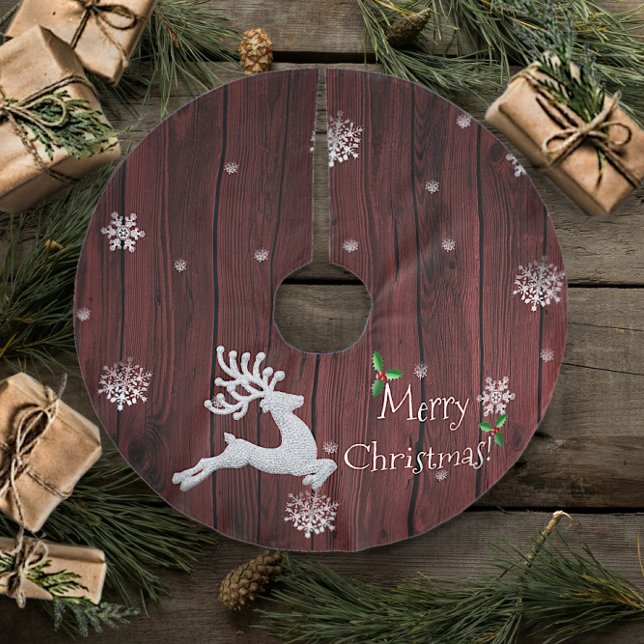 Red Rustic jul Reindeer Träd Skirt Julgransmatta Borstad Polyester (Red Rustic Christmas Reindeer Holiday Tree Skirt)