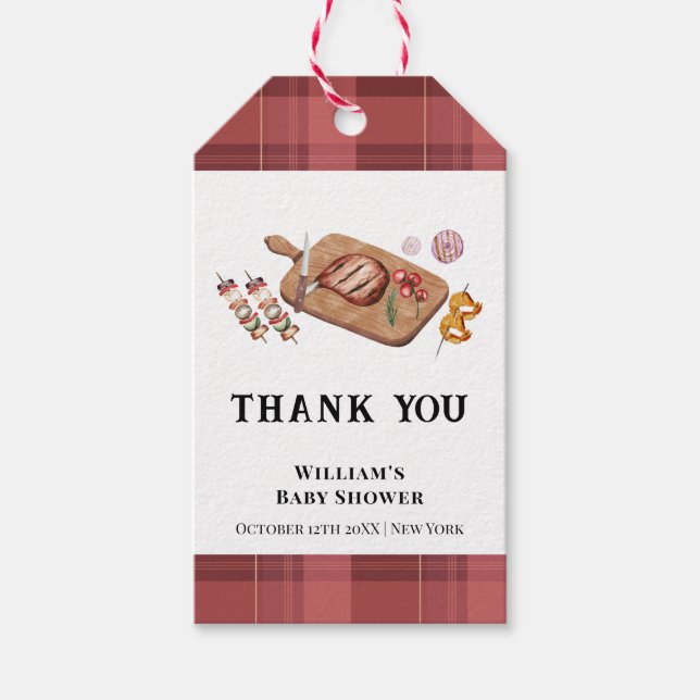 Red Rustic Play Land Baby Q Baby Shower Presentetikett (Framsidan)