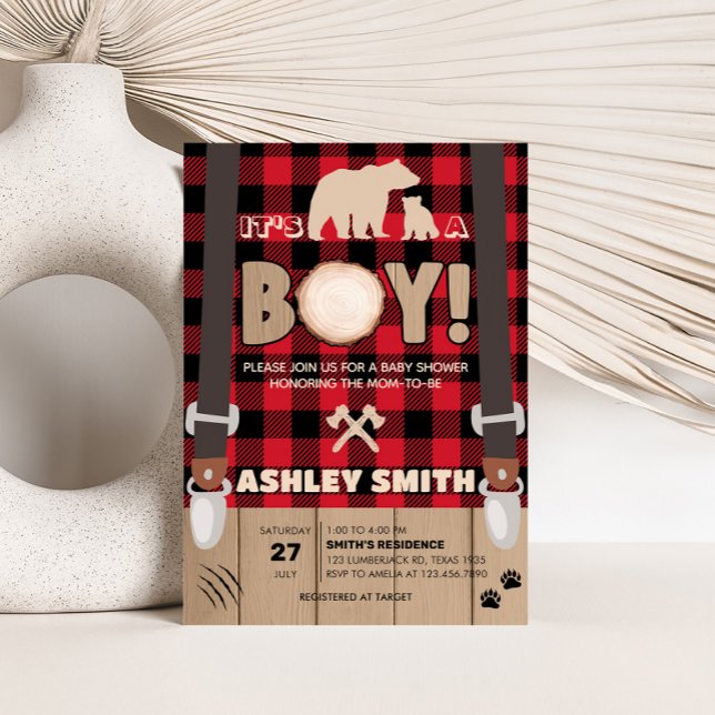 Red Rustic Play Lumberjack Baby Shower Inbjudningar (Plaid Lumberjack Baby Shower Invitation )