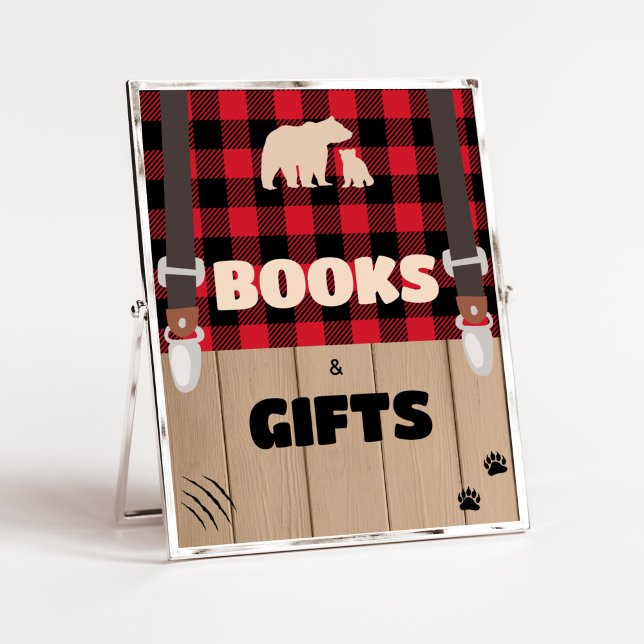 Red Rustic Play Lumberjack Bokar och gåvor Poster (Plaid Lumberjack Baby Shower Books and Gifts Sign)