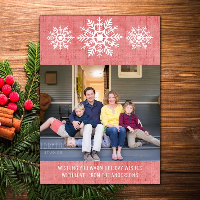 Red Rustic Snowflake Helgdag Photo Julkort (Red Rustic Snowflake Holiday Photo Card)