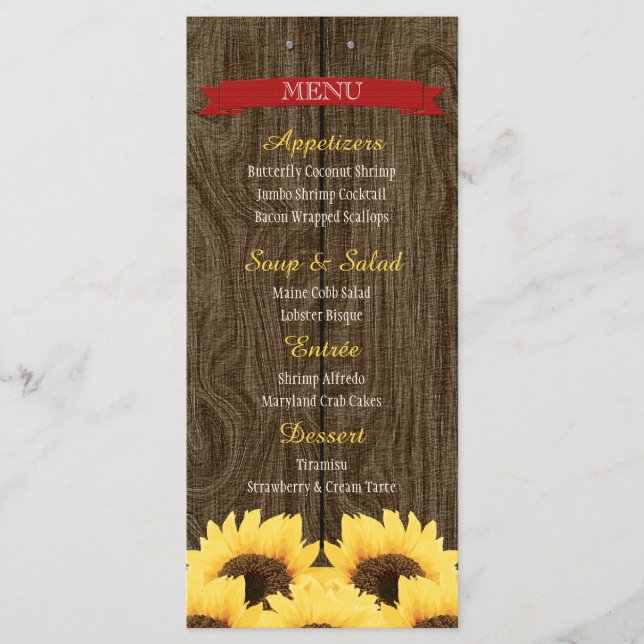 RED RUSTIC SUNFLOWER MENU CARD MENY (Framsida)