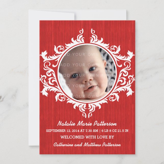 Red Rustic Swirls Baby Announcement Meddelande (Framsida)