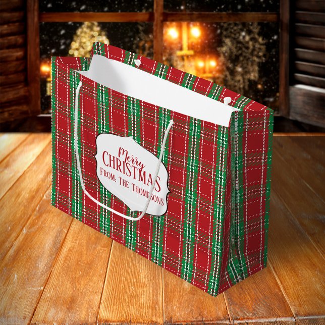 Red Rustic Tartan Play Mönster Winter Helgdag (Merry Christmas red and green plaid pattern large gift bag)