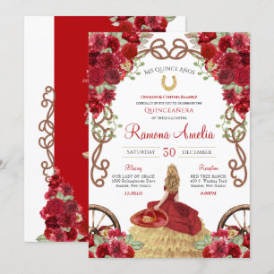 Red Rustic Western Blommigt Charro Quinceanera Inbjudningar