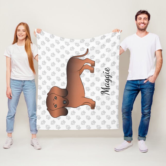 Red Sable Kort Hair Dachshund Tecknad hund & Namn Fleecefilt (På plats)