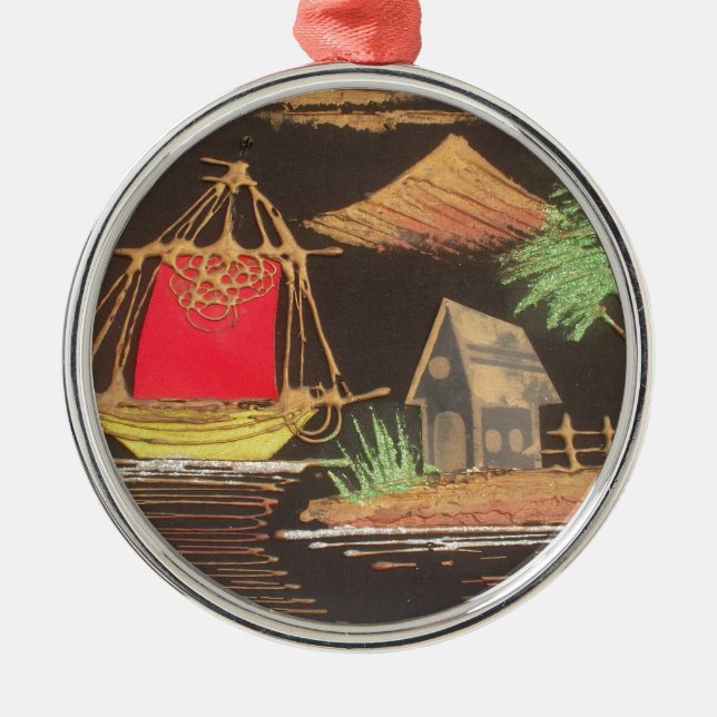 Red Sailboat Ligcape Oljemålning Art Skriv ut Julgransprydnad Metall (Framsidan)