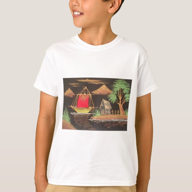 Red Sailboat Ligcape Oljemålning Art Skriv ut Tee Shirt (Framsida)