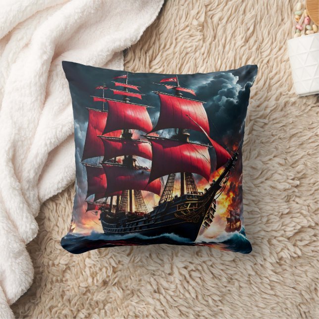 Red Sails Pirat Frakt Battling Stormy Seas Kudde (Filt)