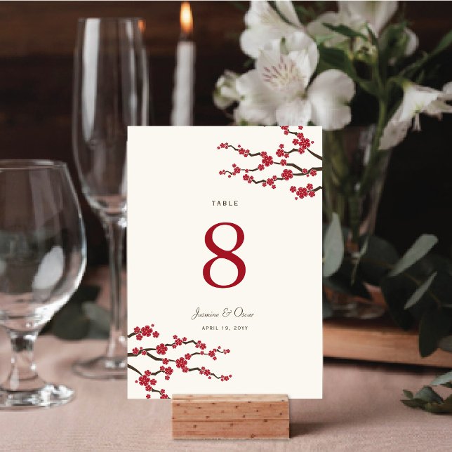 Red Sakura Cherry Blommar Elegant Asian Bröllop Bordsnummer (Red/Ivory Sakura Cherry Blossoms Elegant Asian Wedding Table Number Card @ fat_fa_tin)
