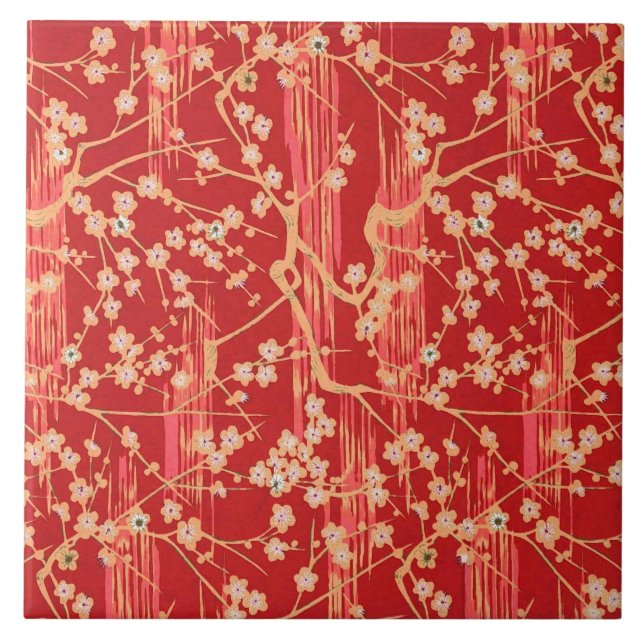 RED SAKURA FLOWERS Antique Japanskt Blommönster Kakelplatta (Framsidan)