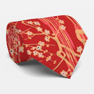 RED SAKURA FLOWERS Antique Japanskt Blommönster Slips