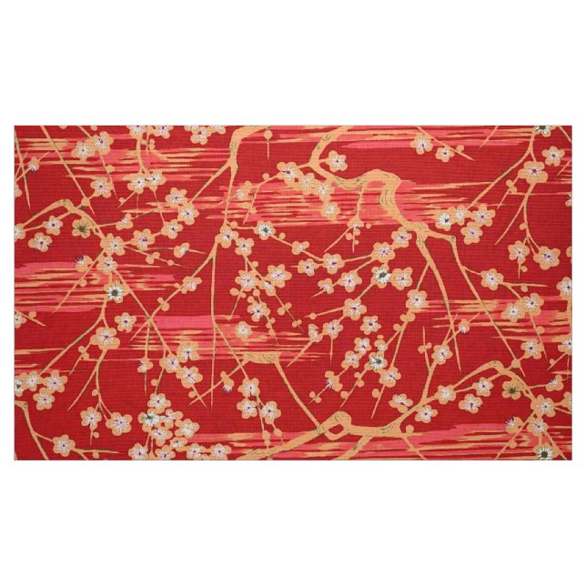 RED SAKURA FLOWERS Antique Japanskt Blommönster Tyg (Fat Quarter)
