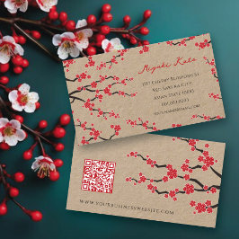 Red Sakura Flowers Oriental Cherry Blommars Asian Visitkort